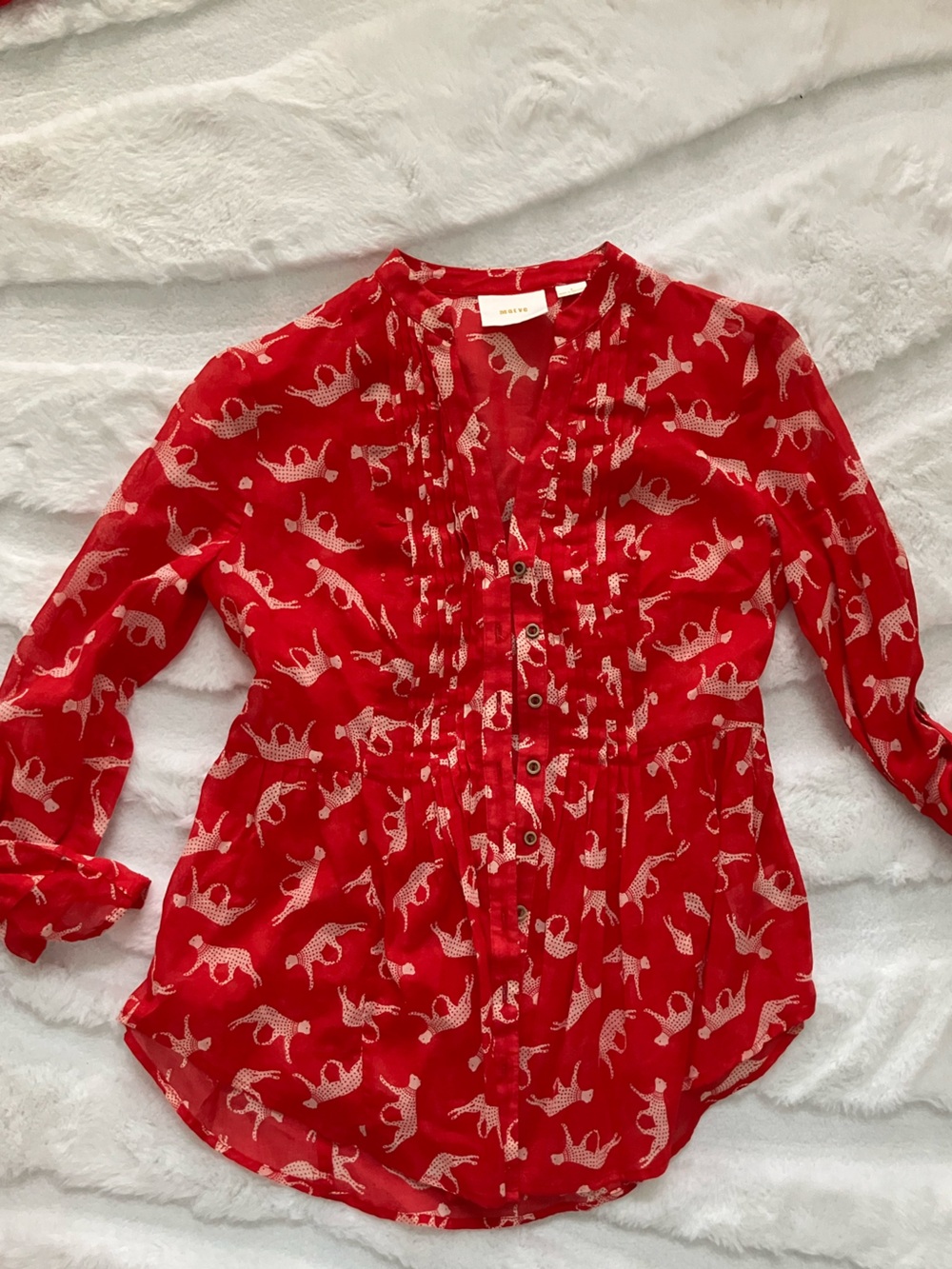 Maeve Red Button-Up Top with White cheetah Motif